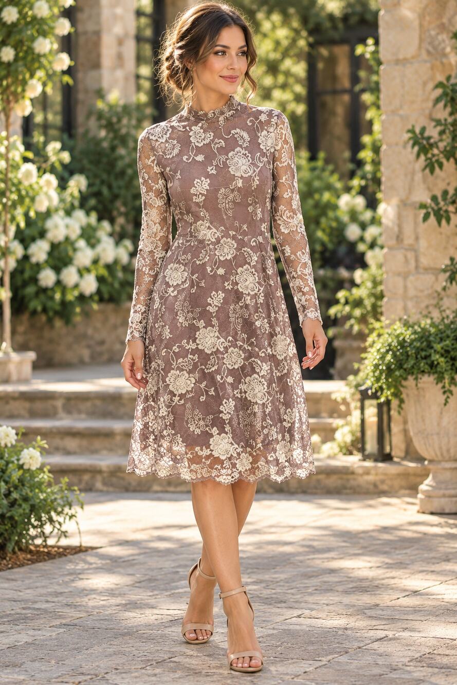 Ivory Floral Lace Midi Dress Sheer Long Sleeve Mock Neck Romantic Boho Medium